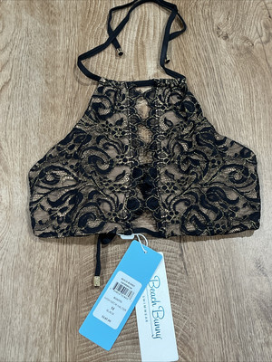 Beach Bunny Swimwear High Neck Halter Lace Top Med Black NWT $145