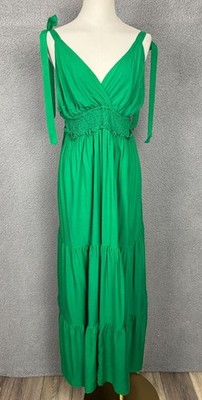DeepSelf Green Maxi Dress Tiered Smocked Waist Summer/Spring V-Neck XL NWT's