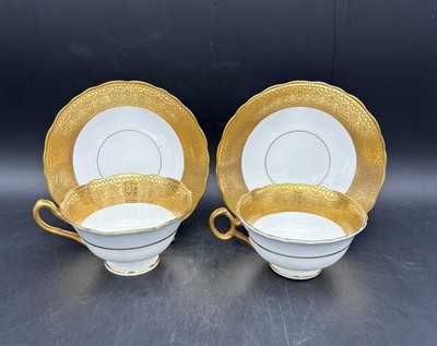 2 Heavy Gold Crown Sutherland Cups & Saucers Imported for C. Reizenstein & Sons
