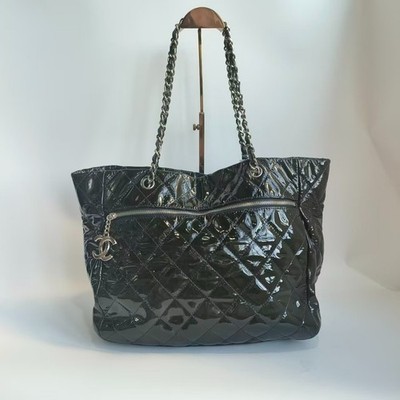 Chanel Black Crinkled Patent Quilted Chain Tote Bag