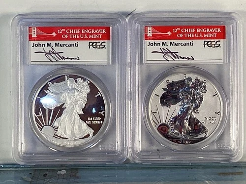U.S. MINT AMERICAN 2012 PAIR of 75th ANNIV.  PCGS PROOF & REV PR69 SILVER EAGLES