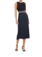 MAC DUGGAL Sleeveless High Neck Beaded Sequin Midi Dress 10509 Navy Blue Size 4
