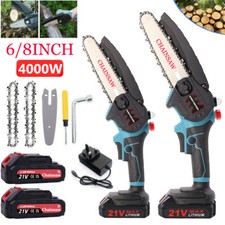 2 Batteries 6/8'' 4000W Mini Cordless Chainsaw Electric One-Hand Saw Wood Cutter