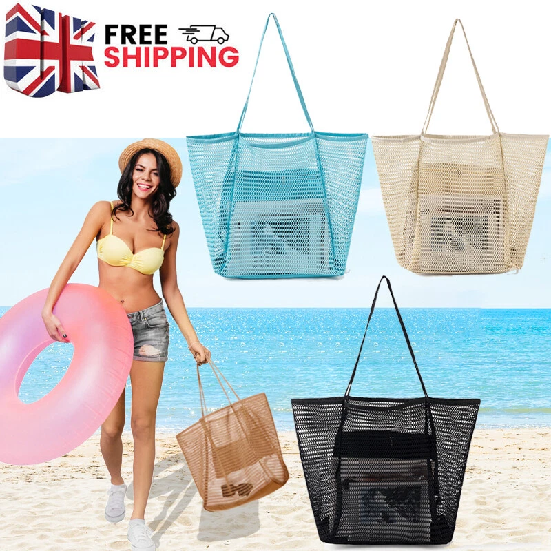 Women Summer Beach Bag Large Mesh Tote Bag with Zipper Inner Pocket Shoulder Bag