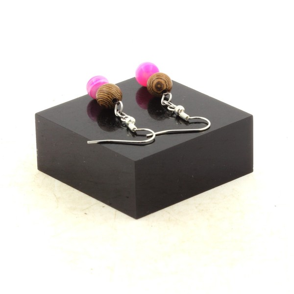 Ohrringe 2 Perlen Agate Craquelé Fuchsia + Holz 8 Mm Aus Stahl-image