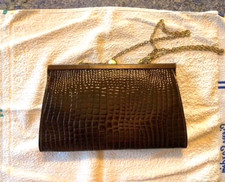 Bellissima borsa in coccodrillo marrone con catena dorata, vintage, originale