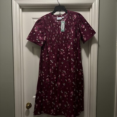 VTG NATIONAL Floral Rosa House Dress Night Gown Mumu Cotton Pockets M  GRANDMA