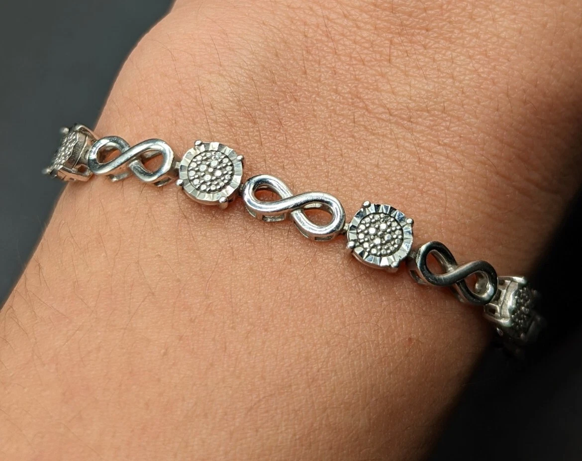 Sterling Silver Diamond Accent Infinity Link 925 Bracelet Signed