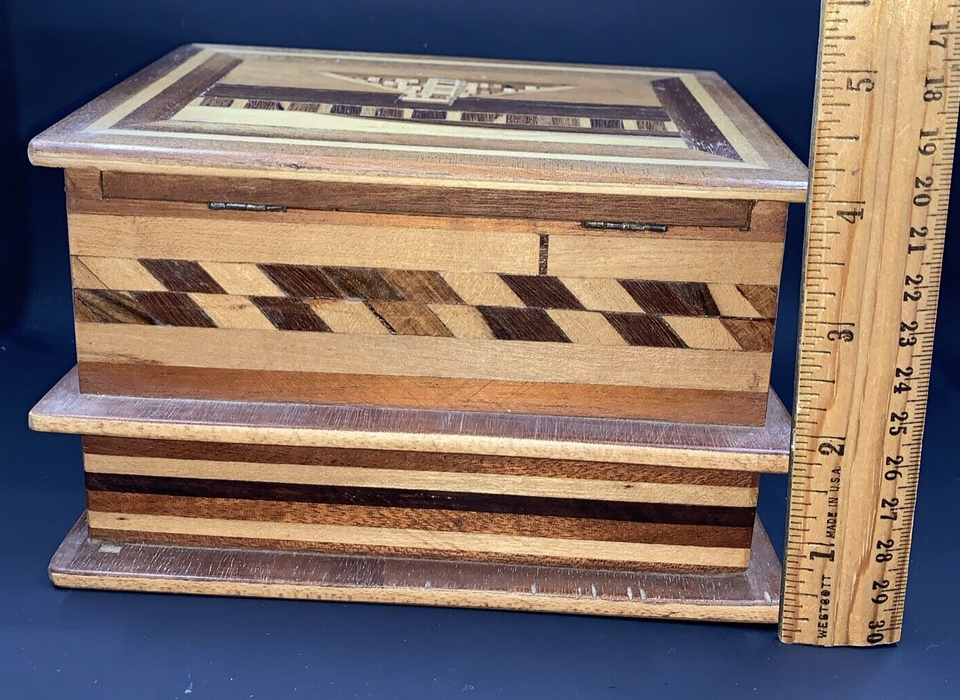 Vintage Inlaid Wood Wooden Puzzle Jewelry Trinket Box Secret
