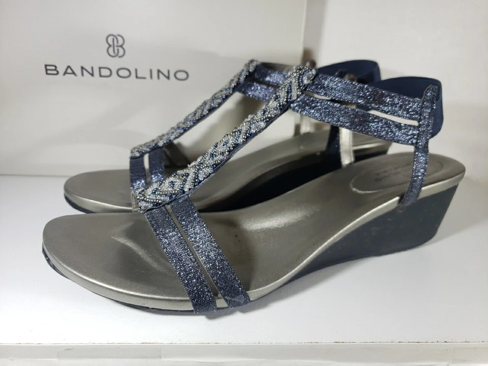 Zapatos Bandolino Sandalia Mujer 10M Cuentas Azul Adornado Deslizable 2" Tacón Cuña Foto 2 de 4