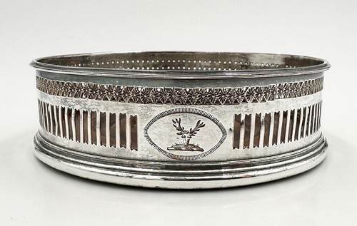 ANTIQUE PIERCED BOTTLE COASTER STAG CREST GEORGE III OLD SHEFFIELD PLATE c1780 - Picture 3 of 7