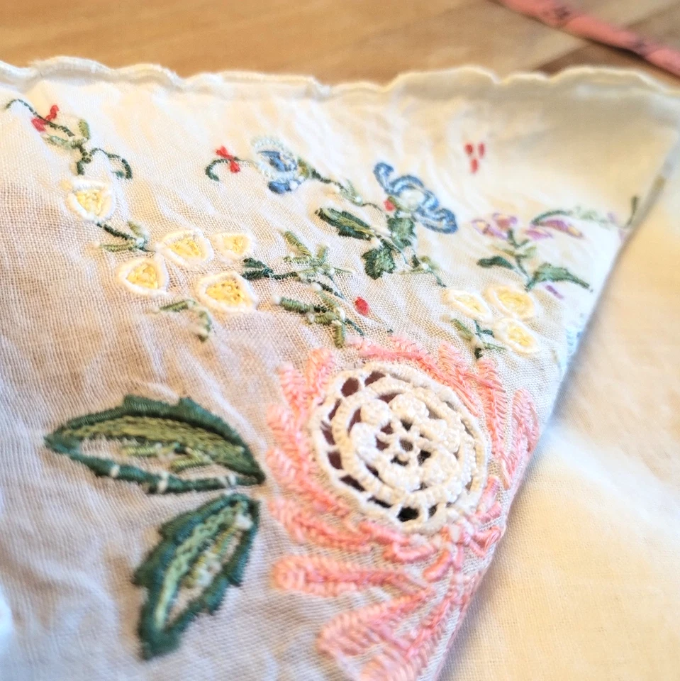 Pañuelo Vintage 11.5 pulgadas Cuadrado Blanco Floral Crochet Inserto Bordado Italia Foto 4 de 4