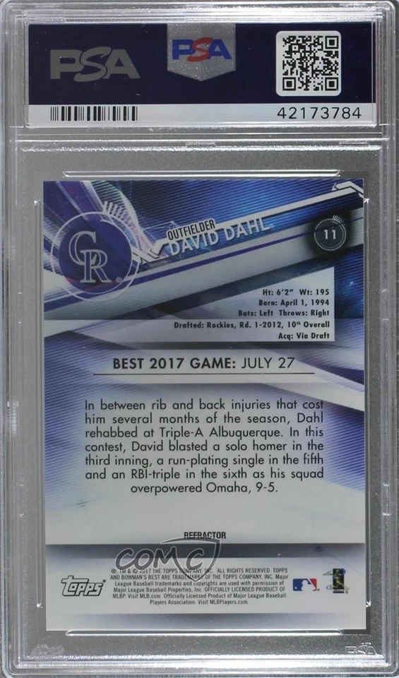 2017 Bowman's Best Atomic Refractor David Dahl #11 PSA 10 GEM MT Rookie RC - Image 2 of 2