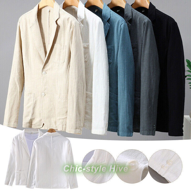 Gentleman Mens Casual Linen Blazer Two Button Suit Formal Jacket Slim Coat Gift
