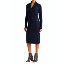 Lauren Ralph Lauren Cable Knit Buckle Trim Sweater Dress Navy old money sz PXS