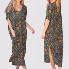 Natural Life Short Sleeve Rayon Tee Shirt Midi Shift Dress Slits Boho Floral L