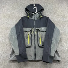 Wading Fishing Jacket Mens L Gray Parka Lined Hooded Cargo Tackle Utility Pocket