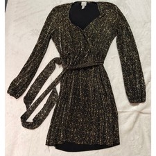 ASOS Design Womens Black Gold Metallic Plisse Wrap Mini Dress Long Sleeve Party