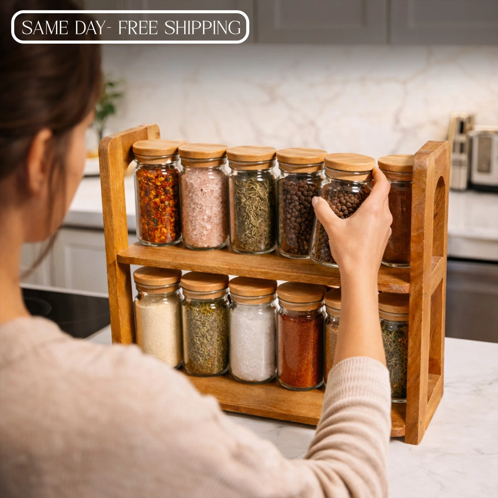 Wooden Spice Rack 2 Tier Kitchen Organizer Rustic Farmhouse Counter Shelf
