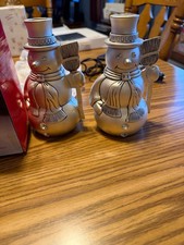 SILVER PLATED SATIN FINISH SNOWMAN CANDLE HOLDERS WITH CRYSTAL STONES