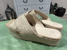 H Halston Sandals Womens 8.5 Braided Slide Wedge Slip On Espadrille Beige Woven
