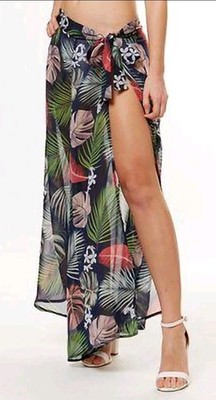 Tropical Floral Leaf Sheer Mesh Maxi Sarong Pareo Beach Swimsuit Cover Up Skirt