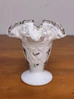 Fenton Ruffled Floral Lace Milk Glass Hand Painted Signed P. Bennett  Vase-vtg