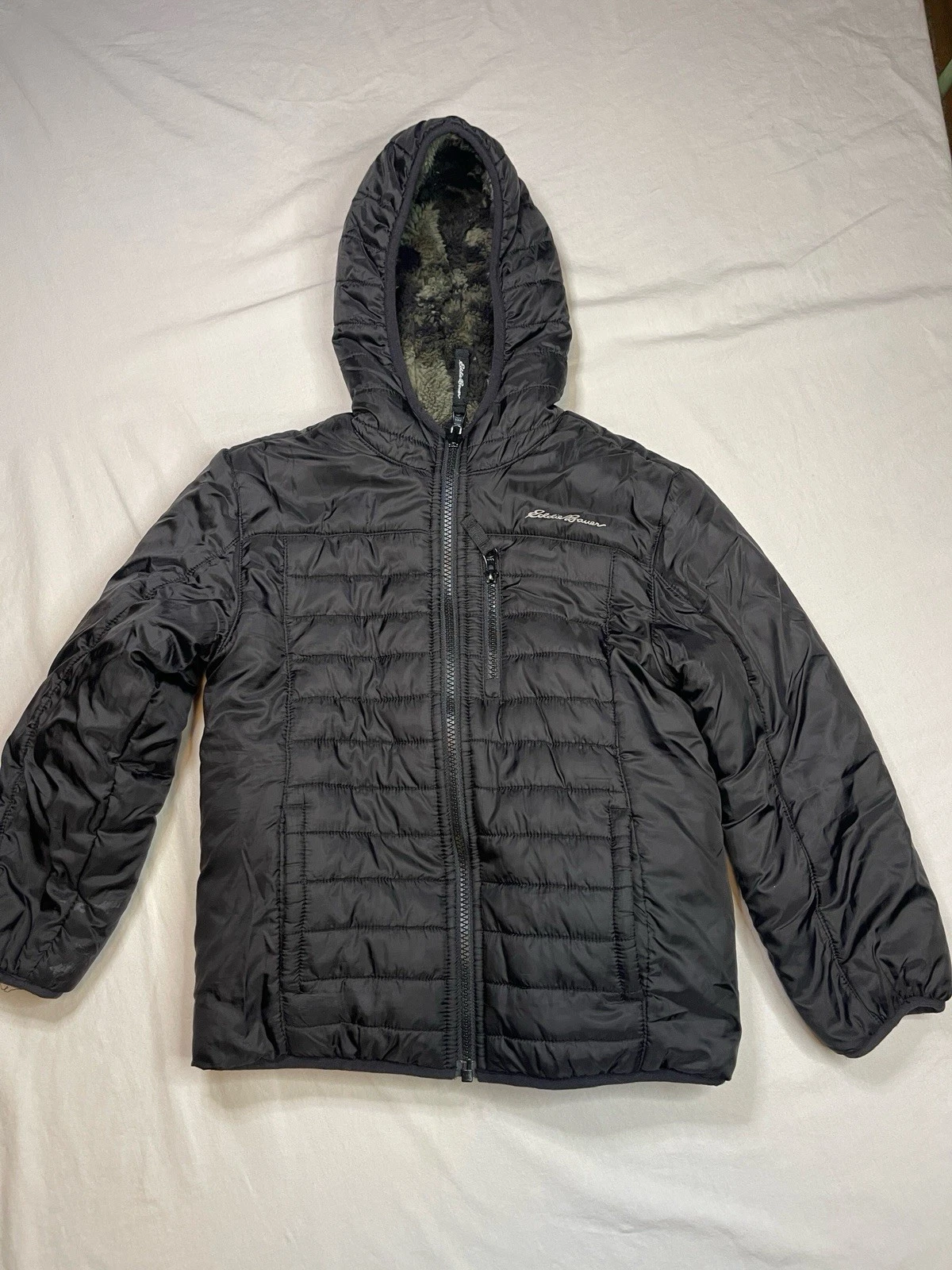 Eddie Bauer Reversible Hooded Puffer Jacket Black Camouflage Fleece Unisex Kids