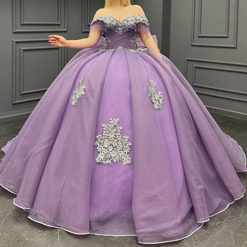 Purple Quincenara Dresses Ball Gown Sparkly Applique Beading Sweet