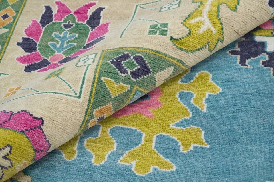 New Oushak Rug Hand Knotted Turkish Rug 100% Wool Rug Blue Color  12X9 Size - Image 3 of 4