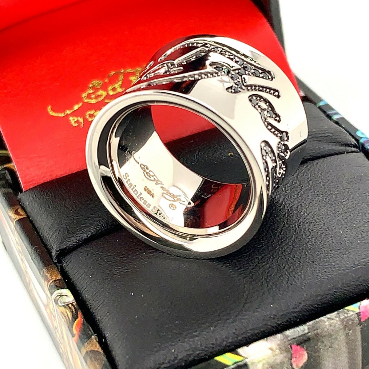 Ed Hardy Bagueリング Authentic Ed Hardy Logo Band Black CZ Stainless Steel Size 7
