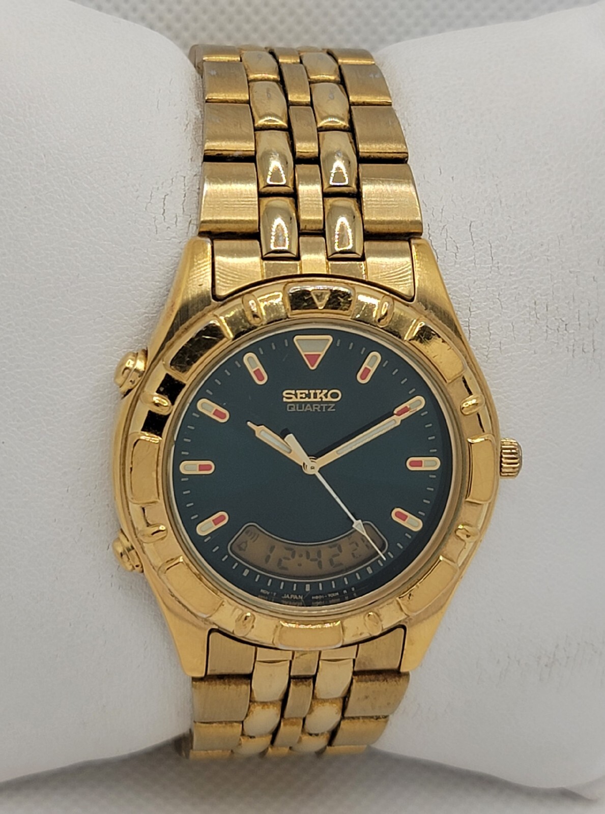 Mens Vintage Seiko Gold Tone Alarm Green Dial Analog Digital Watch H801