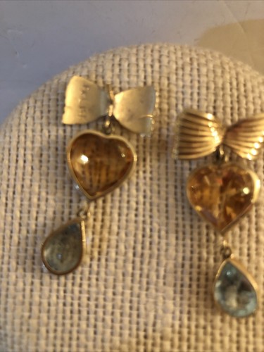 14kt yellow gold Bow Real Citrine heart & pear shaped blue topaz dangle earrings - Picture 9 of 10