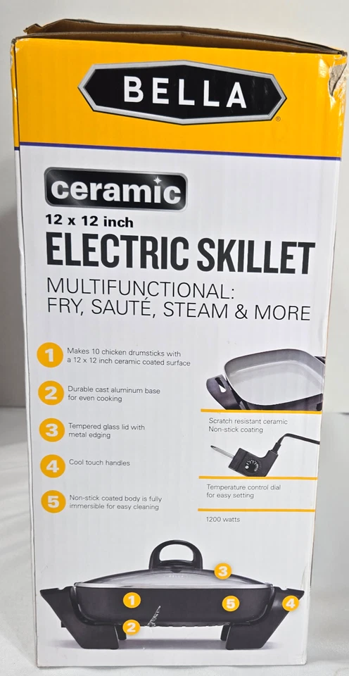 NUEVA SARTÉN ELÉCTRICA DE CERÁMICA BELLA 12X12 PULGADAS Multifuncional Freír, Saltear, Vapor Foto 2 de 4