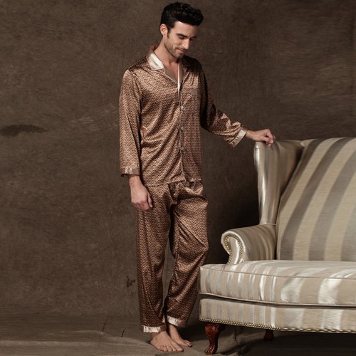 NUEVO CON ETIQUETAS 2 PIEZAS Pijamas de seda satén para hombre Ropa de dormir Pijamas PJS Mangas largas M035 M L XL - Imagen 3 de 5