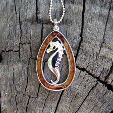 Hawaiian Jewelry Koa Wood Seahorse Silver Rhodium Plated Brass Pendant BRP1140