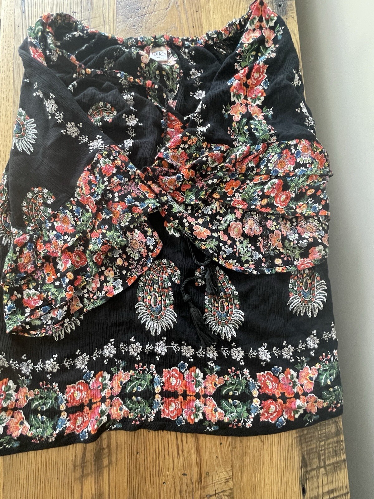 Bila Womens Black Floral Tassel Tie Neck Blouse Size M 3/4 Sleeve Boho Peasant
