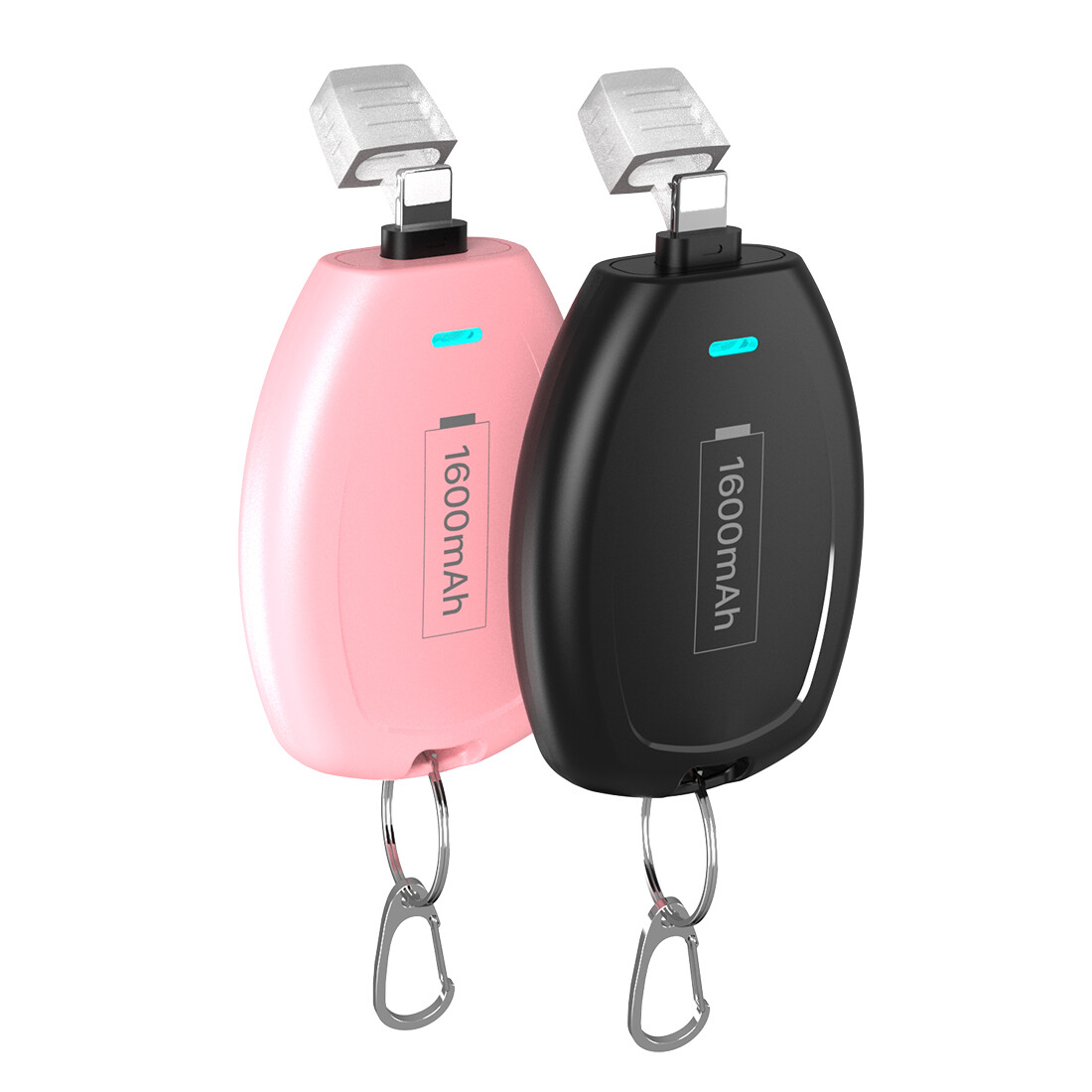 2X 1600mAh Mini Power Bank Keychain Portable Battery Pack For iPhone Black+Pink