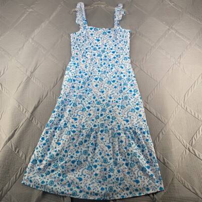 Draper James Women's Flutter Strap Smocked Midi Dress Blue Paisley Size L
