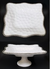 NEW WHITE,SILVER ACCENT EDGE PORCELAIN,PEDESTAL+SERVING,MULTI-PURPOSE PLATTER