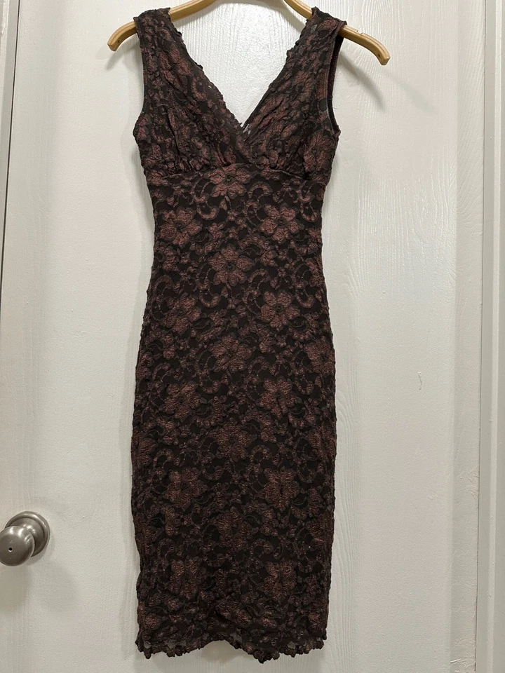 Mica Women Dress Coctel Small Lace Floral Brown Made USA - Image 3 of 4
