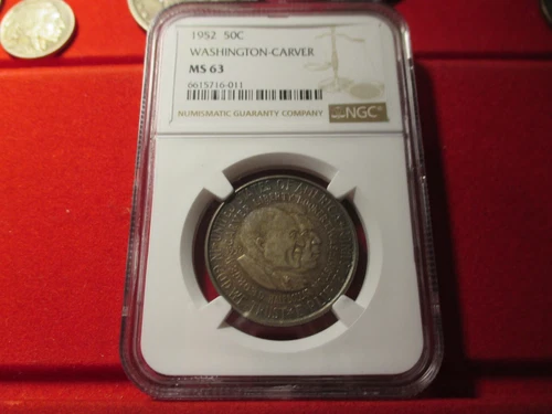 1952 WASHINGTON CAVER NGC 50C MS63 BLUE GREEN AND PINK TONED LOOKS BEET IN HAND.