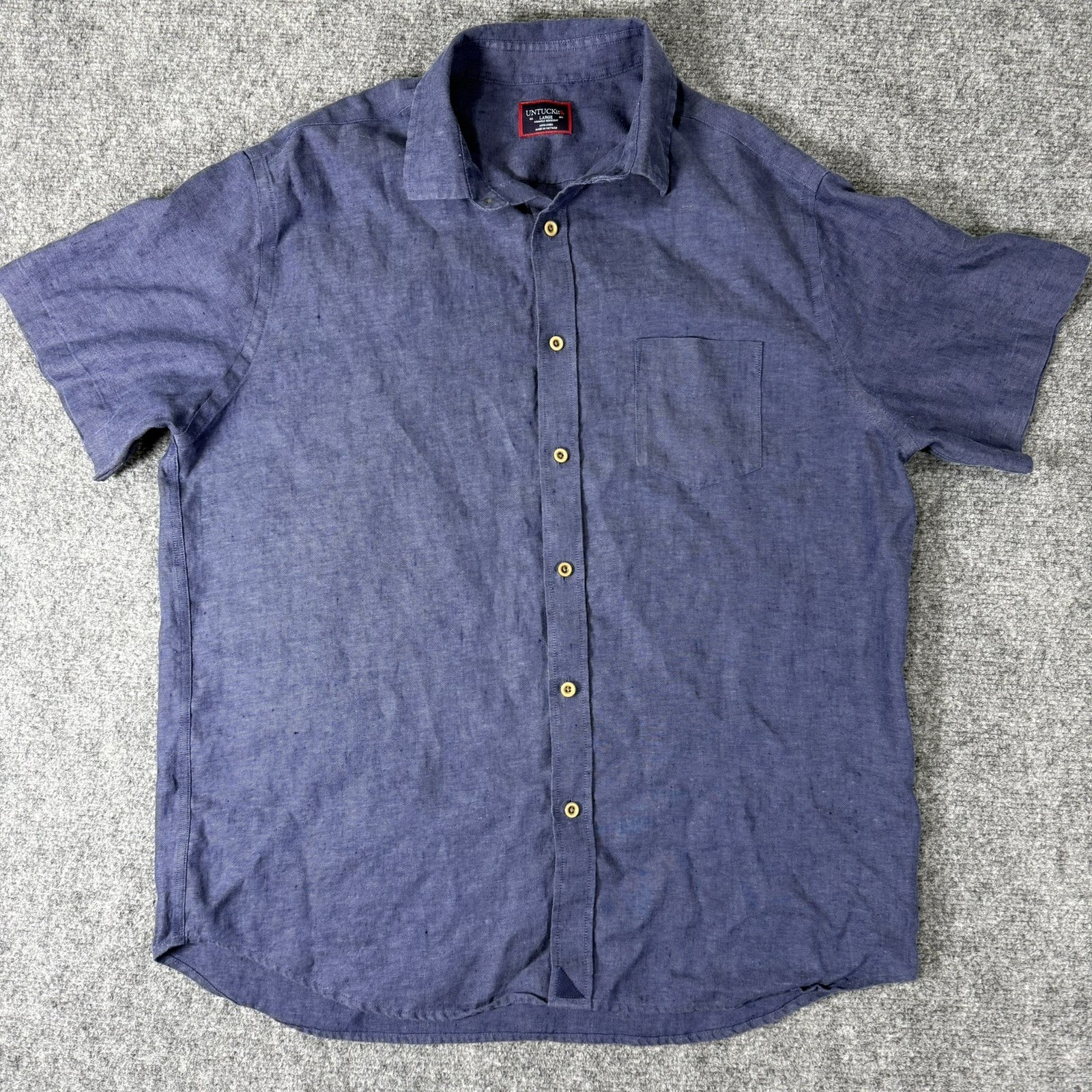 UNTUCKit Cameron WR Linen Shirt Men L Blue Short Sleeve Button Down Casual Fit