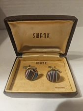 Vintage Swank Round Silvertone Multi-color Cufflinks in Original Box