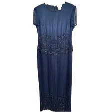 Mark & Lizzie Dress Size 12 Formal Sequin 100% Silk Navy Back Slit Wedding EUC