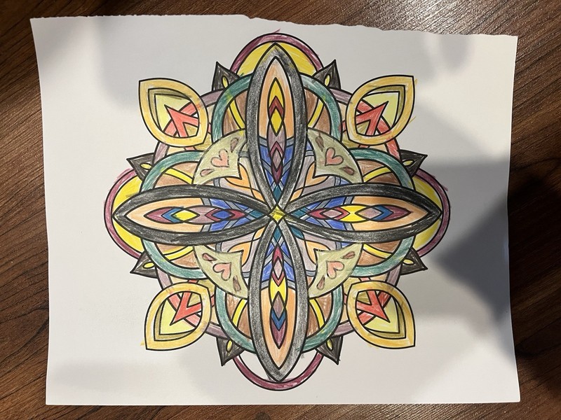 Hand Colored Mandala Drawing W/ Colored Pencils On Paper