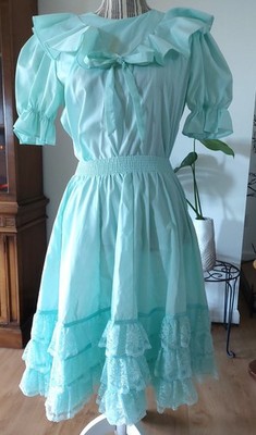 Ruffles S Square Dance Outfit Lace Teal Western Cowgirl Rodeo Rockabilly 2 Pcs