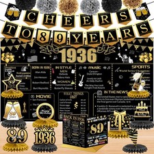 89th Birthday Decorations Kit: Back in 1936 Banner, Black & Gold, 18-Pcs