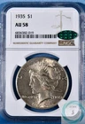 1935 $1 Peace Dollar NGC AU 58 w/CAC- Vintage and Guranteed Original!