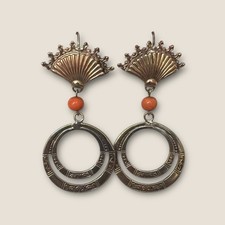 Boucles d’oreilles Fin Xixe Siècle-Éventail-Corail-Créole-vintage, Ancien